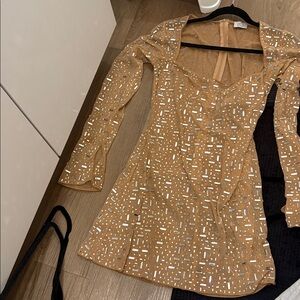 Oh Polly Tan Sequin Long Sleeve Dress